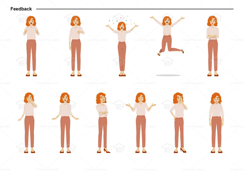 eLearning clipart of a woman wearing a smart casual top and long pants. It can be used in business, office, education, or other workplace settings. This sheet shows the character displaying various poses for providing feedback.
