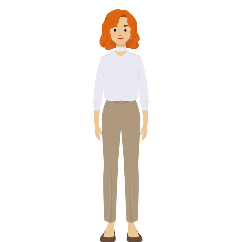 eLearning clipart of a woman wearing a smart casual top and long pants. It can be used in business, office, education, or other workplace settings. The character set comes in Storyline, SVG, PNG, and GIF formats.