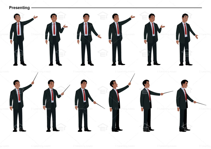 eLearning clipart of a man in a business suit. It can be used in business, office, and workplace settings.  This sheet shows the character displaying various poses for presenting.