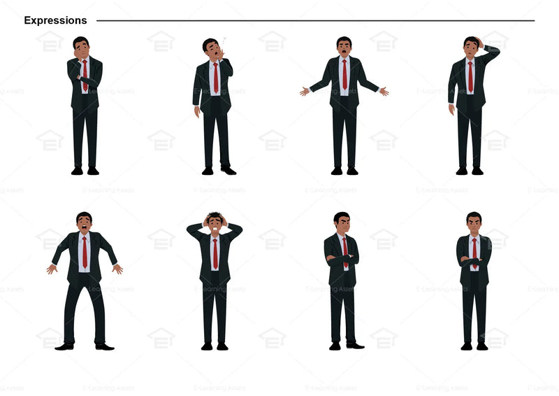 eLearning clipart of a man in a business suit. It can be used in business, office, and workplace settings.  This sheet shows the character displaying various expressions.