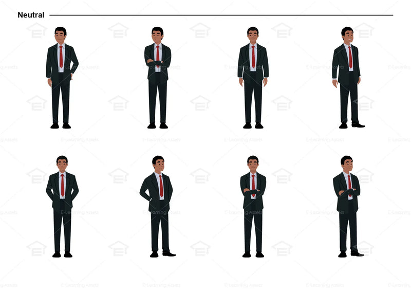 eLearning clipart of a man in a business suit. It can be used in business, office, and workplace settings.  This sheet shows the character in various neutral poses.