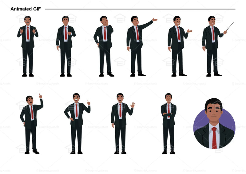 eLearning clipart of a man in a business suit. It can be used in business, office, and workplace settings.  This sheet shows animated poses: Thumb up, thumbs down, thinking, presenting, pointing, remembering, aha, waving, standing with folded arms, and transitioning colors.