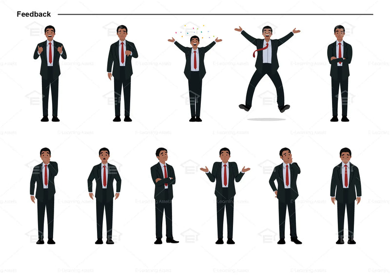eLearning clipart of a man in a business suit. It can be used in business, office, and workplace settings.  This sheet shows the character displaying various poses for providing feedback.