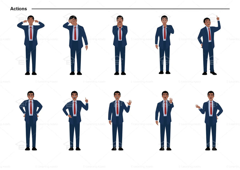 eLearning clipart of a man in a business suit. It can be used in business, office, and workplace settings.  This sheet shows the character doing various actions.