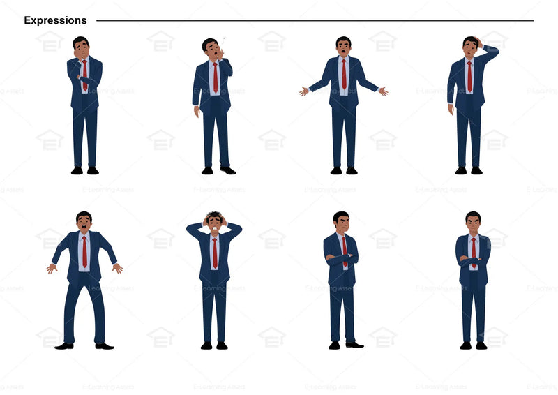 eLearning clipart of a man in a business suit. It can be used in business, office, and workplace settings.  This sheet shows the character displaying various expressions.