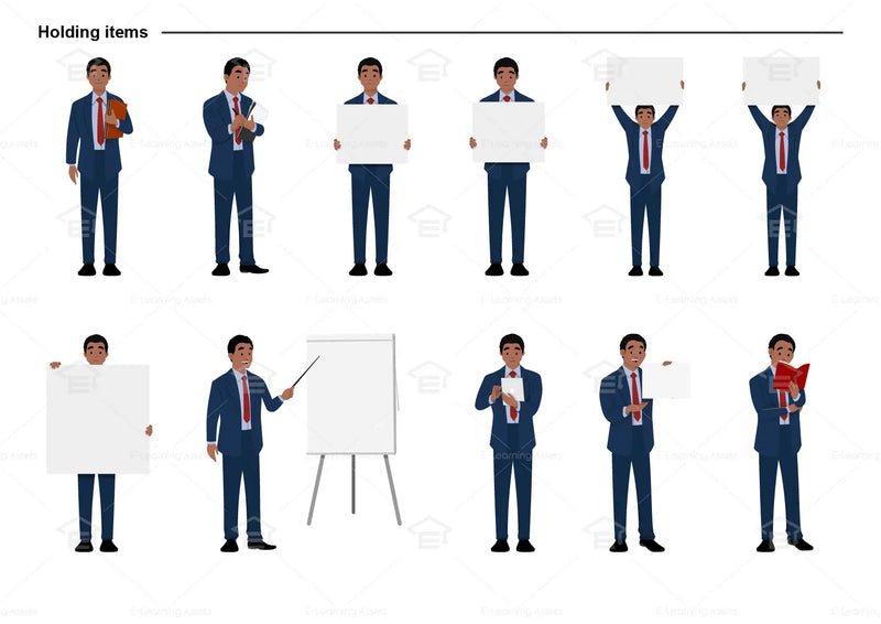 eLearning clipart of a man in a business suit. It can be used in business, office, and workplace settings.  This sheet shows the character in various poses holding different items.