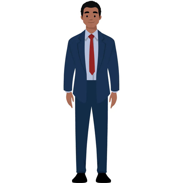 eLearning clipart of a man in a business suit. It can be used in business, office, and workplace settings.  The character set comes in Storyline, SVG, PNG, and GIF formats. This sheet shows animated poses: Thumb up, thumbs down, thinking, presenting, pointing, remembering, aha, waving, standing with folded arms, and transitioning colors.