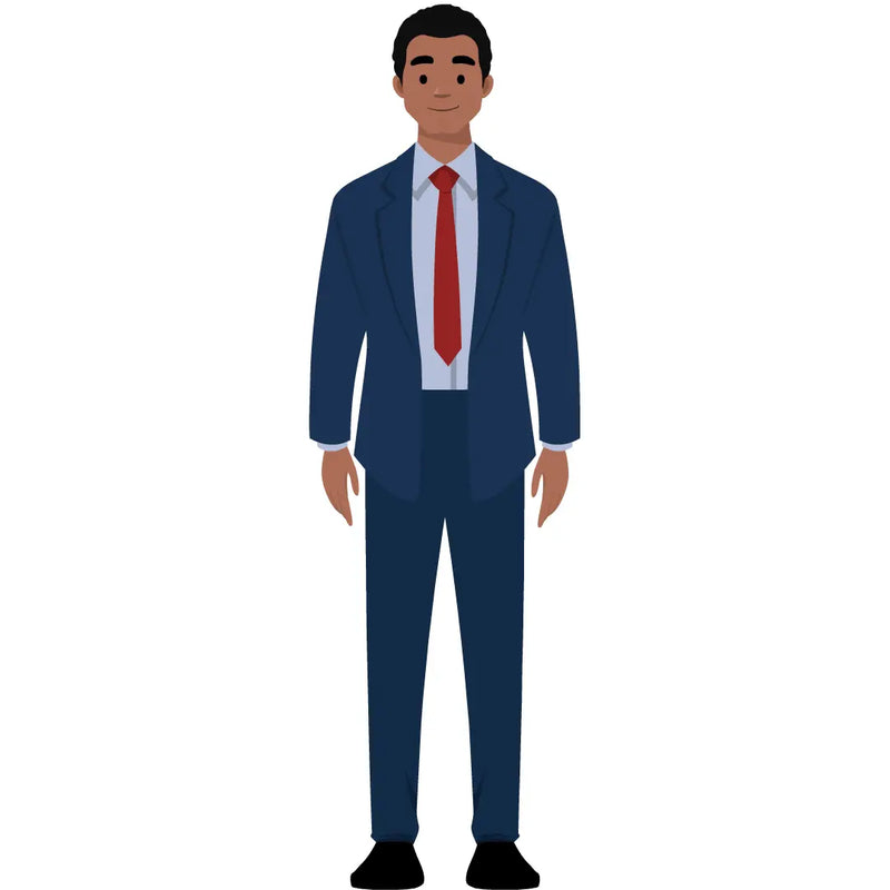 eLearning clipart of a man in a business suit. It can be used in business, office, and workplace settings.  The character set comes in Storyline, SVG, PNG, and GIF formats. This sheet shows animated poses: Thumb up, thumbs down, thinking, presenting, pointing, remembering, aha, waving, standing with folded arms, and transitioning colors.