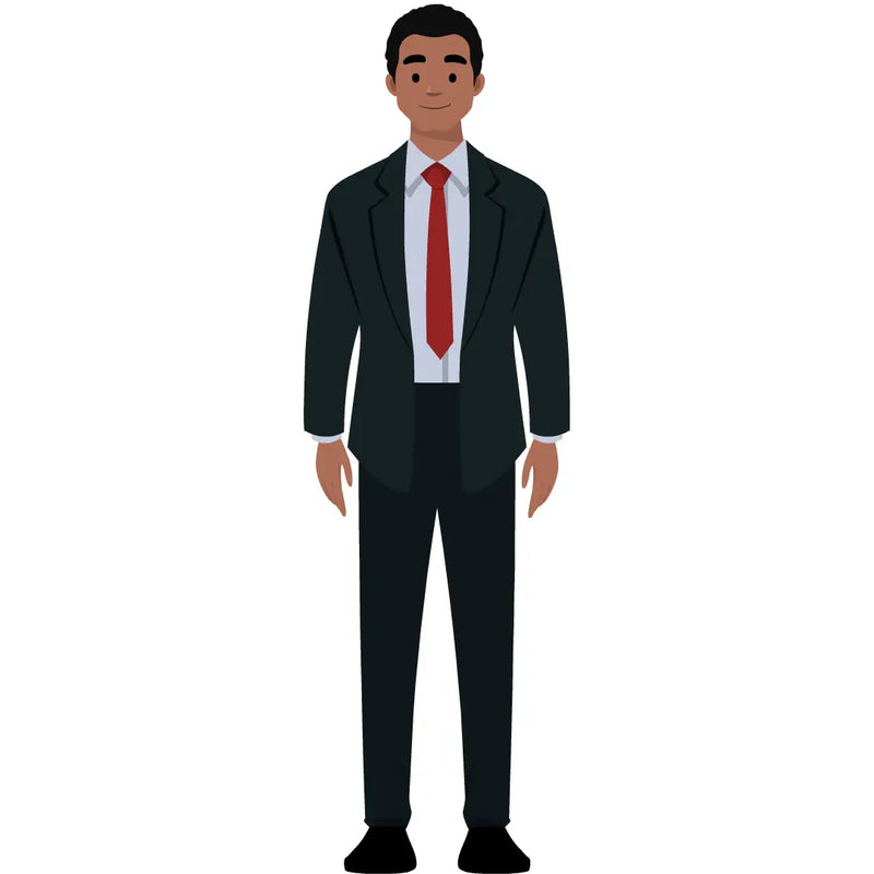 eLearning clipart of a man in a business suit. It can be used in business, office, and workplace settings.  The character set comes in Storyline, SVG, PNG, and GIF formats.