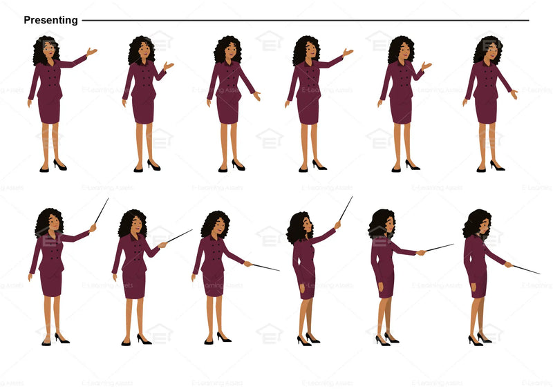 eLearning clipart of a woman wearing a two-piece skirt suit. It can be used in business, office, and other workplace settings. This sheet shows the character displaying various poses for presenting.