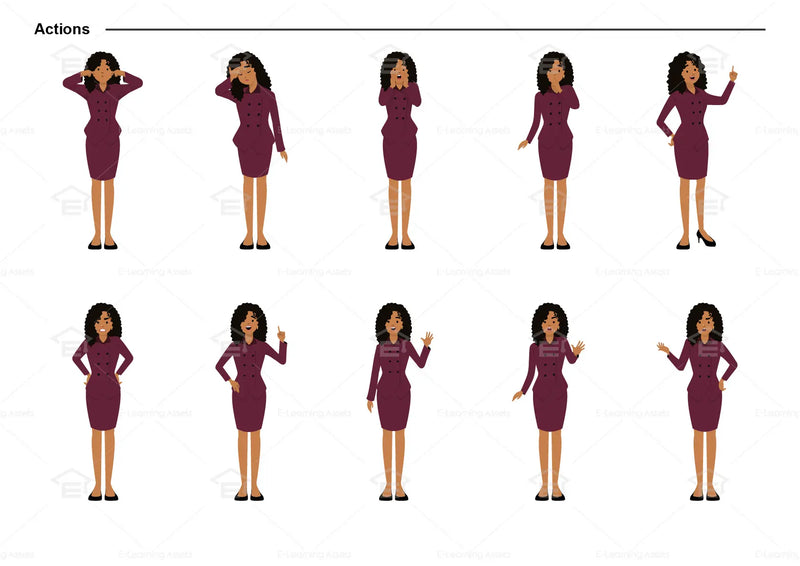eLearning clipart of a woman wearing a two-piece skirt suit. It can be used in business, office, and other workplace settings. This sheet shows the character doing various actions.