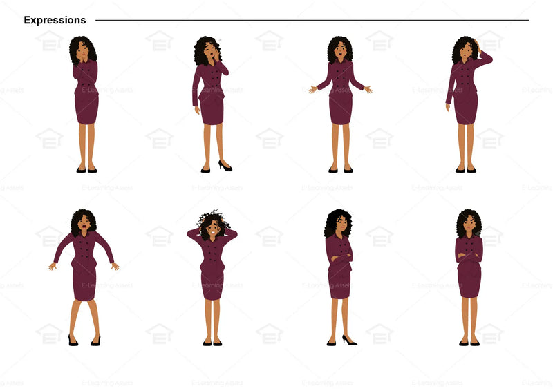 eLearning clipart of a woman wearing a two-piece skirt suit. It can be used in business, office, and other workplace settings. This sheet shows the character displaying various expressions.