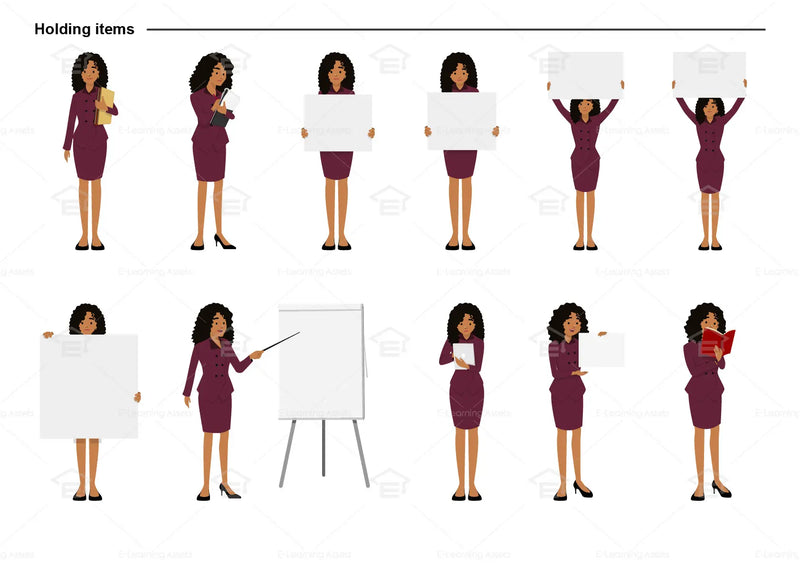 eLearning clipart of a woman wearing a two-piece skirt suit. It can be used in business, office, and other workplace settings. This sheet shows the character in various poses holding different items.