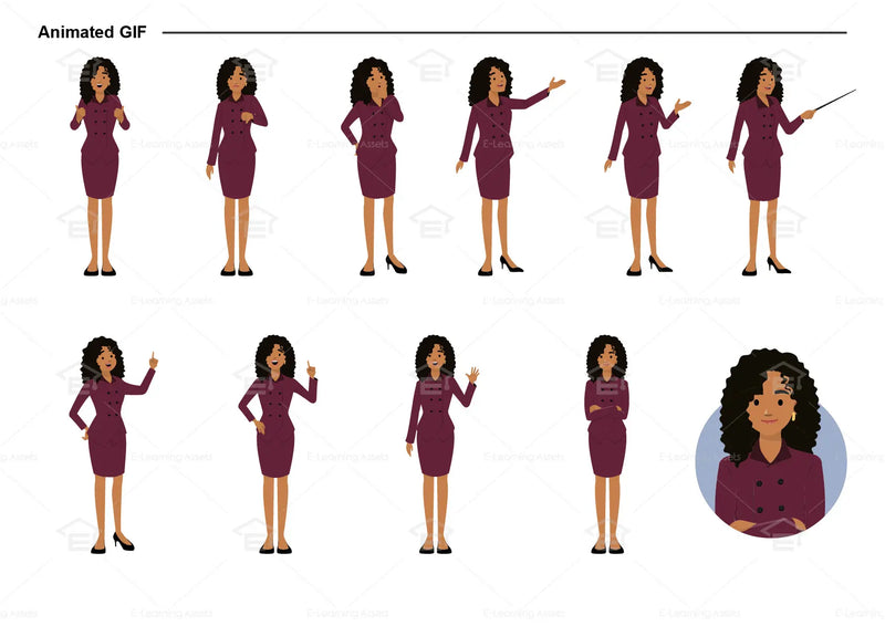 eLearning clipart of a woman wearing a two-piece skirt suit. It can be used in business, office, and other workplace settings. This sheet shows animated poses: Thumb up, thumbs down, thinking, presenting, pointing, remembering, aha, waving, standing with folded arms, and transitioning colors.