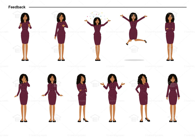 eLearning clipart of a woman wearing a two-piece skirt suit. It can be used in business, office, and other workplace settings. This sheet shows the character displaying various poses for providing feedback.