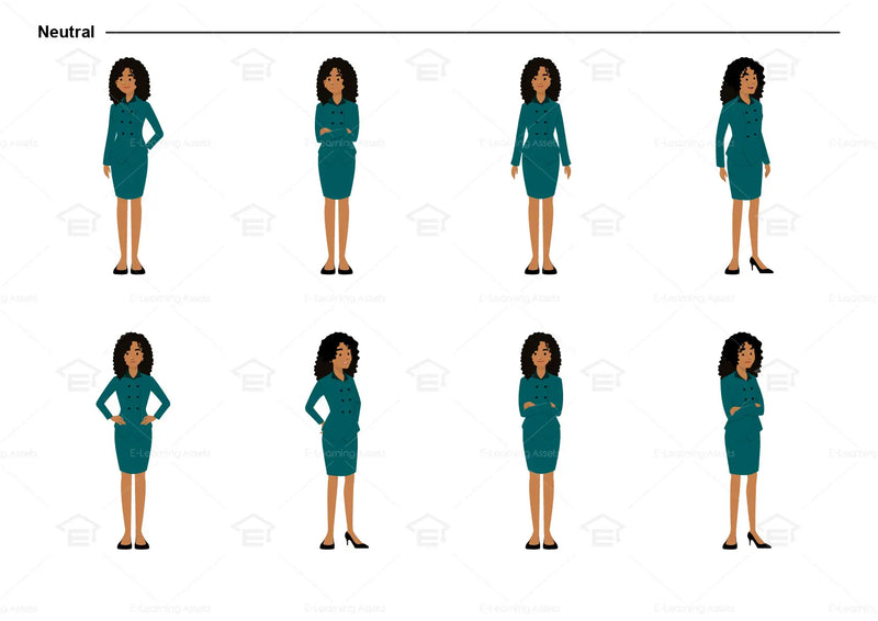 eLearning clipart of a woman wearing a two-piece skirt suit. It can be used in business, office, and other workplace settings. This sheet shows the character in various neutral poses.