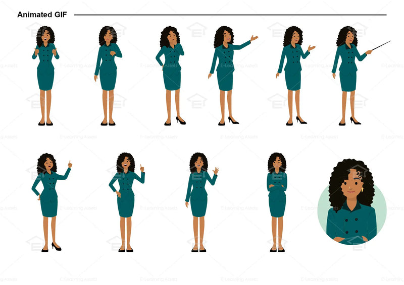 eLearning clipart of a woman wearing a two-piece skirt suit. It can be used in business, office, and other workplace settings. This sheet shows animated poses: Thumb up, thumbs down, thinking, presenting, pointing, remembering, aha, waving, standing with folded arms, and transitioning colors.