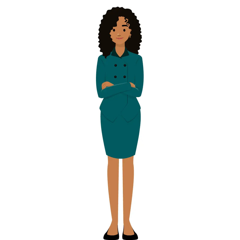 eLearning clipart of a woman wearing a two-piece skirt suit. It can be used in business, office, and other workplace settings. The character set comes in Storyline, SVG, PNG, and GIF formats.