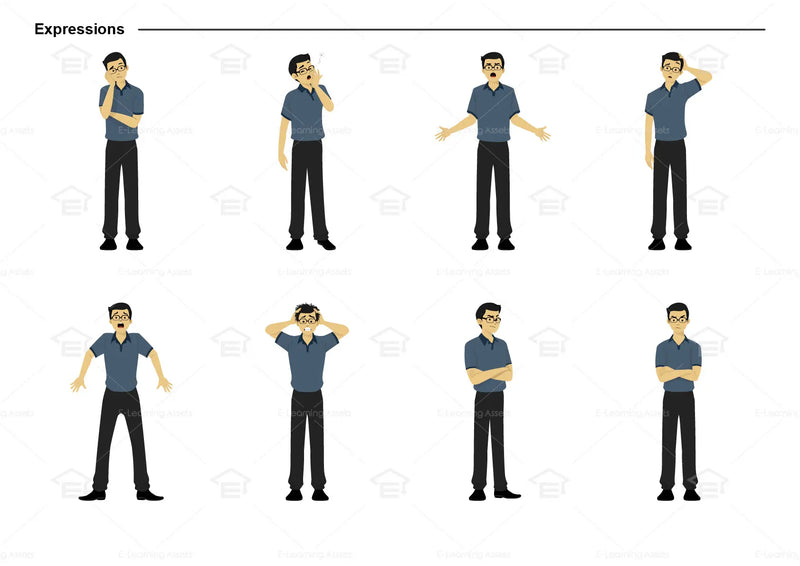 eLearning clipart of a man wearing a polo shirt. It can be used in business, office, education, IT, and other settings.  This sheet shows the character displaying various expressions.