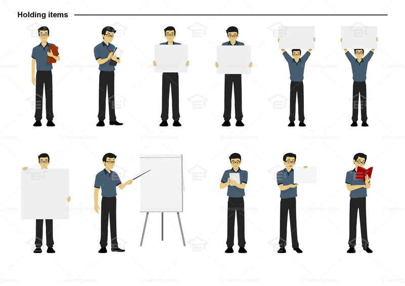 eLearning clipart of a man wearing a polo shirt. It can be used in business, office, education, IT, and other settings.  This sheet shows the character in various poses holding different items.