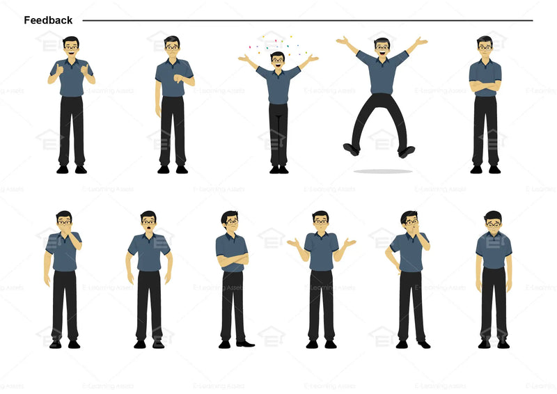 eLearning clipart of a man wearing a polo shirt. It can be used in business, office, education, IT, and other settings.  This sheet shows the character displaying various poses for providing feedback.