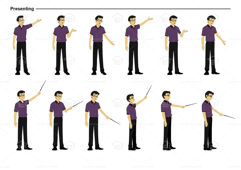 eLearning clipart of a man wearing a polo shirt. It can be used in business, office, education, IT, and other settings.  This sheet shows the character displaying various poses for presenting.