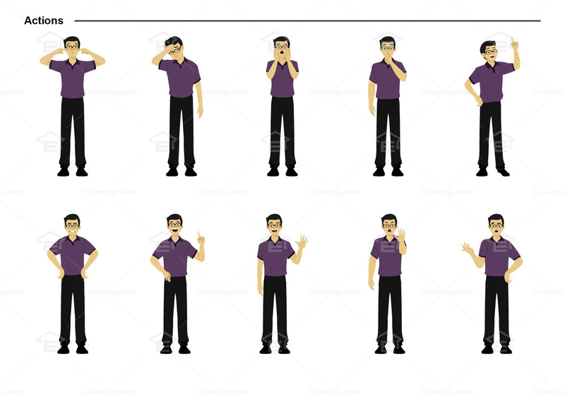 eLearning clipart of a man wearing a polo shirt. It can be used in business, office, education, IT, and other settings.  This sheet shows the character doing various actions.
