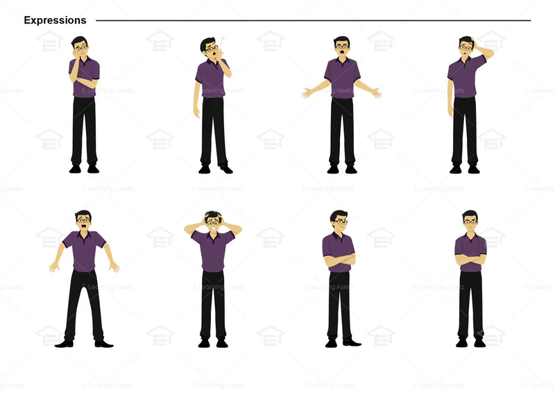 eLearning clipart of a man wearing a polo shirt. It can be used in business, office, education, IT, and other settings.  This sheet shows the character displaying various expressions.