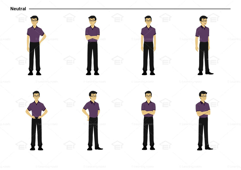 eLearning clipart of a man wearing a polo shirt. It can be used in business, office, education, IT, and other settings.  This sheet shows the character in various neutral poses.