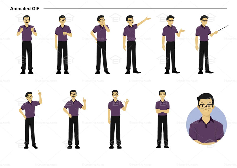 eLearning clipart of a man wearing a polo shirt. It can be used in business, office, education, IT, and other settings.  This sheet shows animated poses: Thumb up, thumbs down, thinking, presenting, pointing, remembering, aha, waving, standing with folded arms, and transitioning colors.