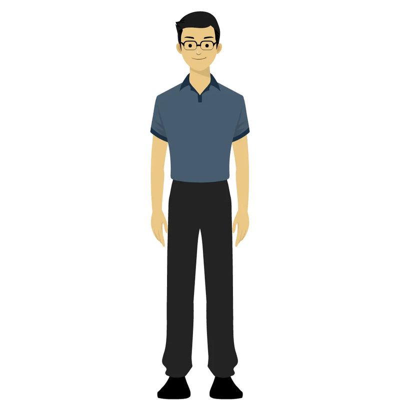 eLearning clipart of a man wearing a polo shirt. It can be used in business, office, education, IT, and other settings.  The character set comes in Storyline, SVG, PNG, and GIF formats.