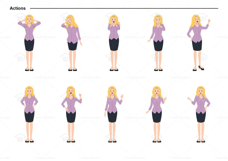 eLearning clipart of a female character wearing a skirt and a 3/4 Sleeve Work Shirt. It can be used in business or retail settings.  This character sheet shows the character doing various actions.