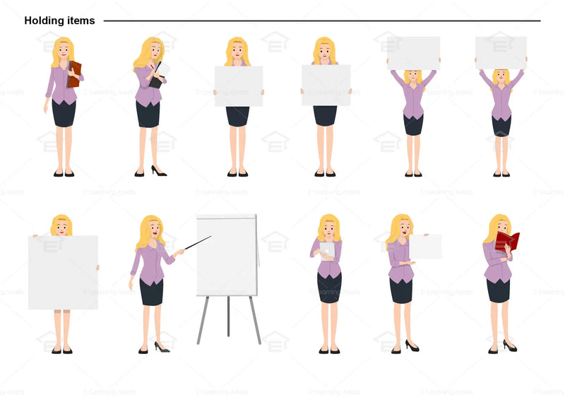 eLearning clipart of a female character wearing a skirt and a 3/4 Sleeve Work Shirt. It can be used in business or retail settings.  This character sheet shows the character in various poses holding different items.