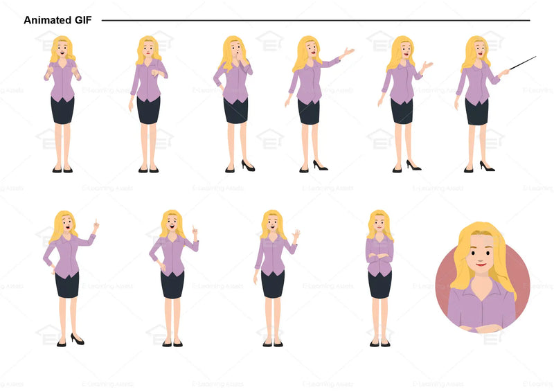 eLearning clipart of a female character wearing a skirt and a 3/4 Sleeve Work Shirt. It can be used in business or retail settings.  This character sheet shows animated poses: Thumb up, thumbs down, thinking, presenting, pointing, remembering, aha, waving, standing with folded arms, and transitioning colors.