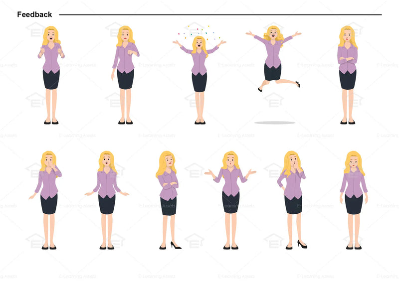 eLearning clipart of a female character wearing a skirt and a 3/4 Sleeve Work Shirt. It can be used in business or retail settings.  This character sheet shows the character displaying various poses for providing feedback.