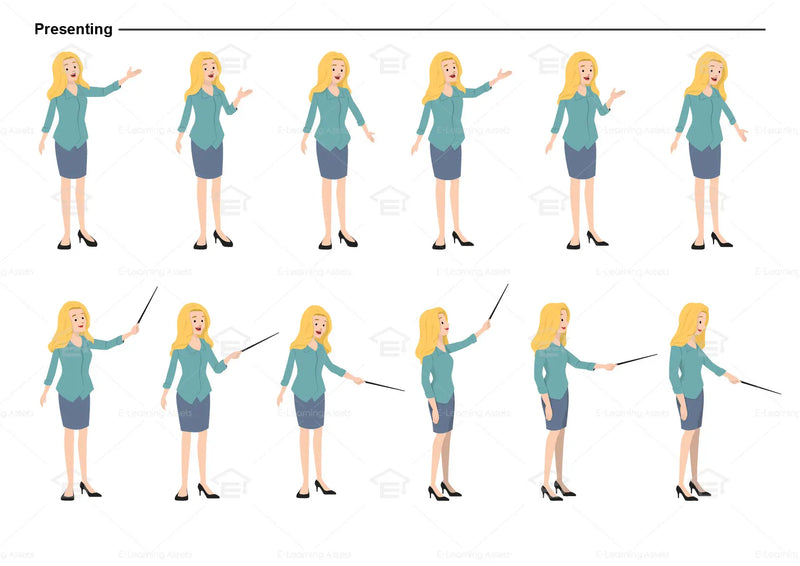 eLearning clipart of a female character wearing a skirt and a 3/4 Sleeve Work Shirt. It can be used in business or retail settings.  This character sheet shows the character displaying various poses for presenting.