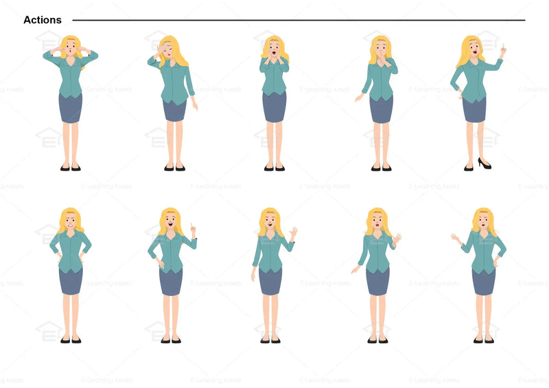 eLearning clipart of a female character wearing a skirt and a 3/4 Sleeve Work Shirt. It can be used in business or retail settings.  This character sheet shows the character doing various actions.