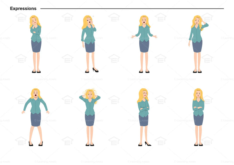 eLearning clipart of a female character wearing a skirt and a 3/4 Sleeve Work Shirt. It can be used in business or retail settings.  This character sheet shows the character displaying various expressions.