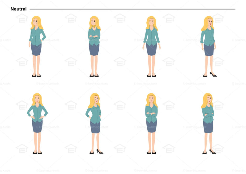 eLearning clipart of a female character wearing a skirt and a 3/4 Sleeve Work Shirt. It can be used in business or retail settings.  This character sheet shows the character in various neutral poses.