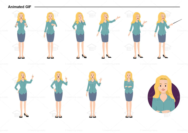eLearning clipart of a female character wearing a skirt and a 3/4 Sleeve Work Shirt. It can be used in business or retail settings.  This character sheet shows animated poses: Thumb up, thumbs down, thinking, presenting, pointing, remembering, aha, waving, standing with folded arms, and transitioning colors.