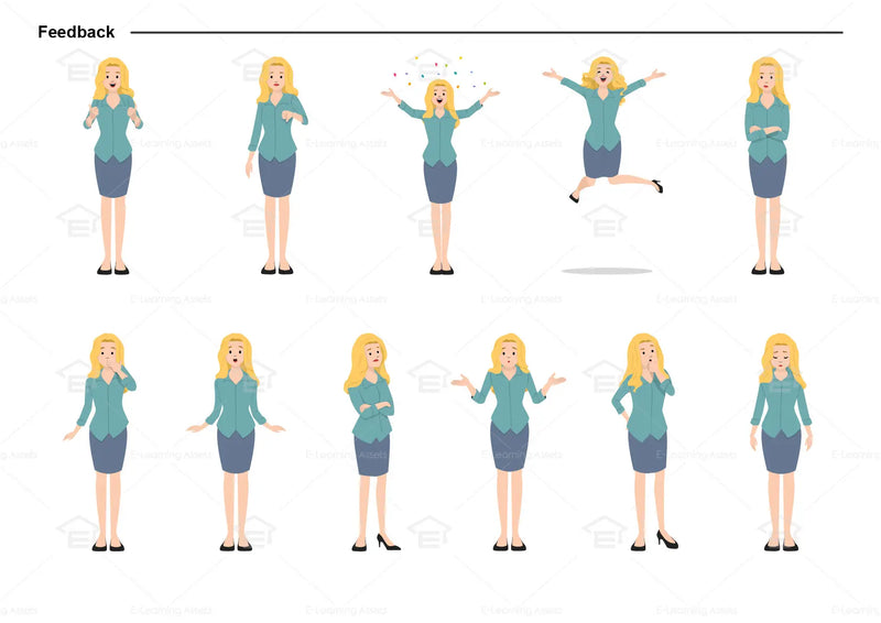 eLearning clipart of a female character wearing a skirt and a 3/4 Sleeve Work Shirt. It can be used in business or retail settings.  This character sheet shows the character displaying various poses for providing feedback.