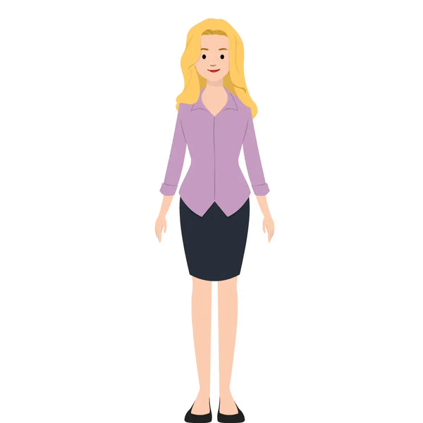 eLearning clipart of a female character wearing a skirt and a 3/4 Sleeve Work Shirt. It can be used in business or retail settings.  The character set comes in Storyline, SVG, PNG, and GIF formats.