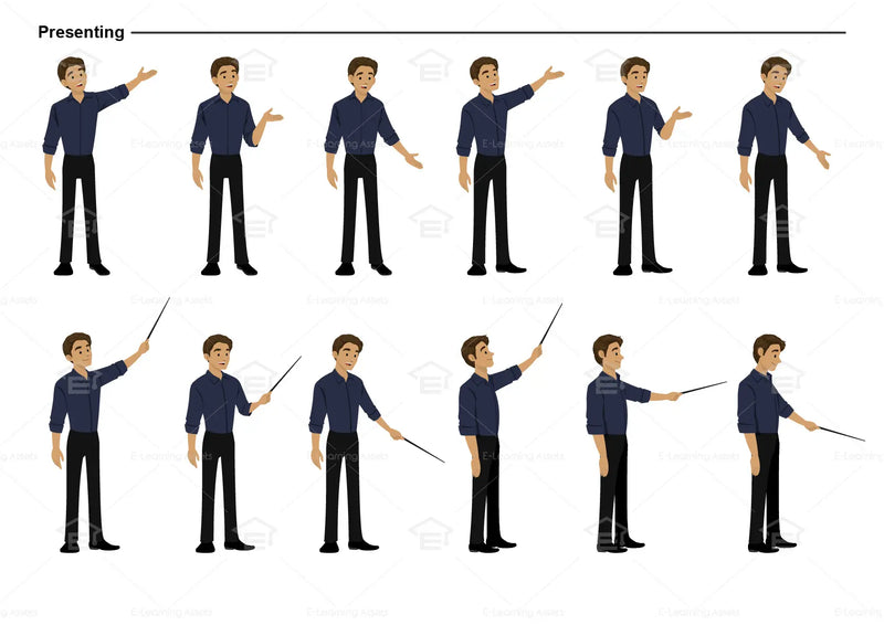 eLearning clipart of a man wearing a folded long-sleeve shirt. It can be used in business, office, education, and other workplace settings.  This sheet shows the character displaying various poses for presenting.