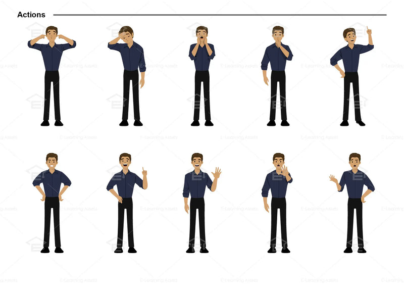 eLearning clipart of a man wearing a folded long-sleeve shirt. It can be used in business, office, education, and other workplace settings.  This sheet shows the character doing various actions.
