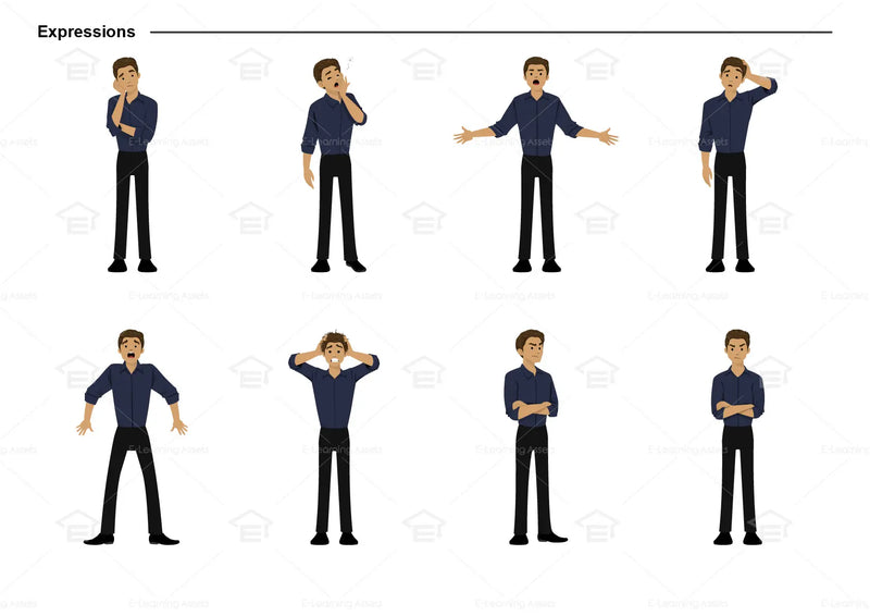 eLearning clipart of a man wearing a folded long-sleeve shirt. It can be used in business, office, education, and other workplace settings.  This sheet shows the character displaying various expressions.