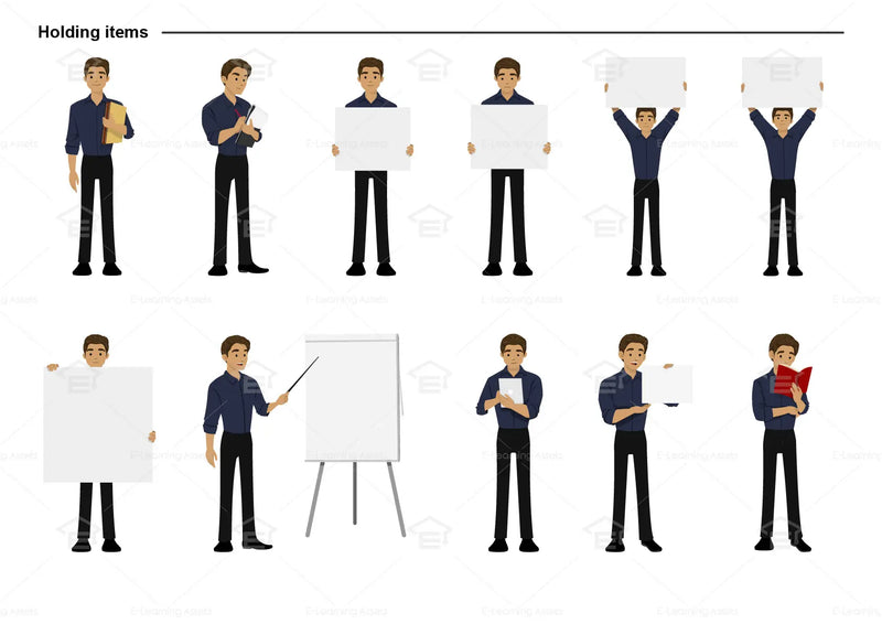 eLearning clipart of a man wearing a folded long-sleeve shirt. It can be used in business, office, education, and other workplace settings.  This sheet shows the character in various poses holding different items.