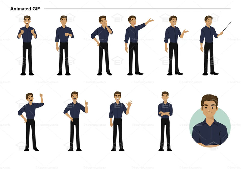 eLearning clipart of a man wearing a folded long-sleeve shirt. It can be used in business, office, education, and other workplace settings.  This sheet shows animated poses: Thumb up, thumbs down, thinking, presenting, pointing, remembering, aha, waving, standing with folded arms, and transitioning colors.