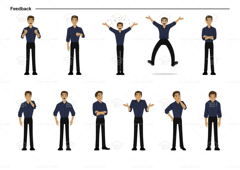 eLearning clipart of a man wearing a folded long-sleeve shirt. It can be used in business, office, education, and other workplace settings.  This sheet shows the character displaying various poses for providing feedback.