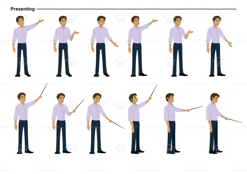 eLearning clipart of a man wearing a folded long-sleeve shirt. It can be used in business, office, education, and other workplace settings.  This sheet shows the character displaying various poses for presenting.