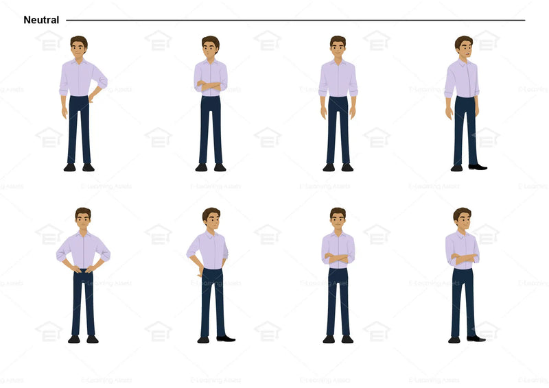 eLearning clipart of a man wearing a folded long-sleeve shirt. It can be used in business, office, education, and other workplace settings.  This sheet shows the character in various neutral poses.